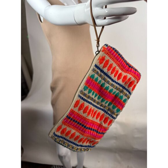 Handmade Tribal-Inspired Multicolor Cotton Canvas Clutch With Zipper & Leather S - Picture 4 of 16